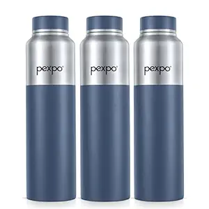 PEXPO Water Bottle 1 ltr Go24 Stainless Steel Sports/Fridge Bottle with Steel Cap | Single Wall | For Home, Office, Gym, Travelling | Lightweight | BPA Free | Crown 950ml |Silver-Denim Blue