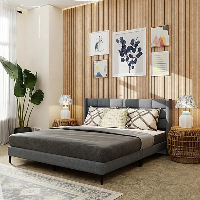 Royaloak Willow Upholstered Queen Bed | Solid Wood | Upholstered Headboard | Linen Fabric | Modern Design | Strong & Durable