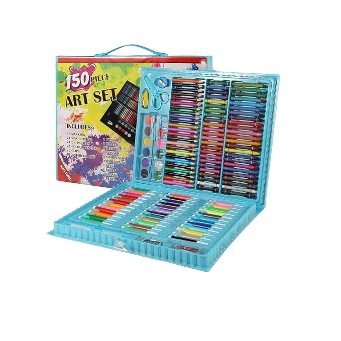 150 Pieces Art Set for Kids with Case, Art and Craft Supplies Kit for Drawing and Painting, Color Set with Markers, Water Colors, Brush, Color Pencils, Crayons (150 pcs blue)