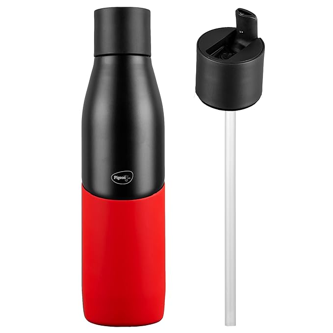 Pigeon by Stovekraft Luxe Thermos Stainless Steel Sipper Flask 750ml with Straw| 24 Hours Hot and Cold|Leak Proof|Easy to Open|Easy to use|Ideal Usage for Office Men/Women|School/College|Black&Red