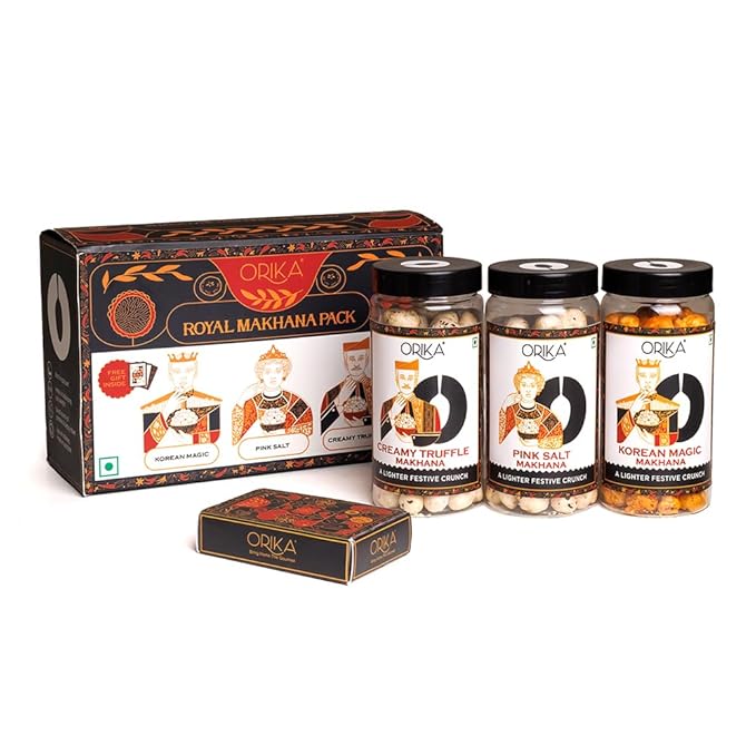 Orika Royal Makhana Gift Box | Korean Magic, Creamy Truffle & Pink Salt Flavored Makhana with Premium Playing Cards | Luxury Healthy Snack Gift Hamper