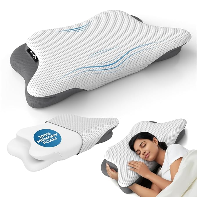 Lifelong Cervical Butterfly Pillow for Neck & Shoulder Pain Relief | Orthopedic Memory Foam Cushion | Ergonomic Contour Design & Dual Height Support | Side Sleeper Pillow with Arm Rest (LLBCP05)