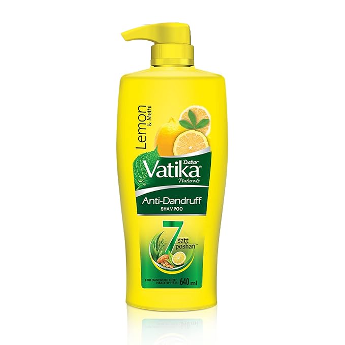 Dabur Vatika Naturals Anti Dandruff Shampoo - 640 ml | 7 Natural Herb Extracts | Contains Lemon, Methi & Tea Tree Oil | Exfoliates Flaky Scalp for Dandruff-Free Hair | Everyday Shampoo for Women & Men