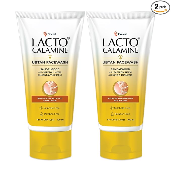 Lacto Calamine Ubtan Face Wash for Glowing Skin | Natural Face Wash with Sandalwood, Saffron, Neem, Almond & Turmeric | Exfoliating Facewash reduces Tan | Sulphate, Paraben Free | 100 ml Pack of 2