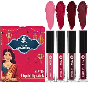 Noy Liquid Matte Lipstick Festival Pack 4 Bright Colors Peach, Cherry Pink, Coffee Wine, Maroon Shades