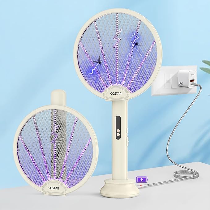 COSTAR Mosquito Bat with UV Light, Foldable Mosquito Racket Rechargeable, 2 in 1 Auto Mosquito Killer with Charging Base Stand, Electric Fly Swatter, Lithium-ion Battery
