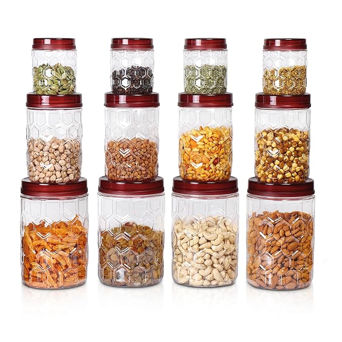 MILTON Hexa Plastic Storage Jar Set of 12 (4x270ml, 4x665ml, 4x1.24L) | BPA-Free, Airtight Kitchen Containers | Food Grade Transparent Jars for Masala, Grains, Pulses, Dry Fruits, Cookies