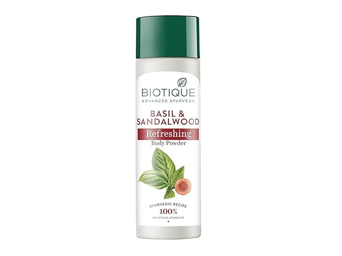 Biotique Basil and Sandalwood Refreshing Body Powder | Helps Absorb Excess Moisture & Sweat | Gentle, Soothing Formula Suitable for All Skin Types | Ideal for Daily Use | 150g