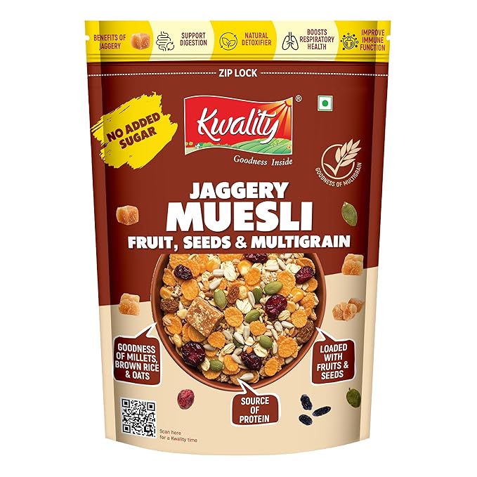 Kwality Muesli Jaggery, Fruits, Seeds & Crunch 400g | Goodness Millets Brown Rice & Oats | 66% Multi Grain Mix Natural Sweetener | High-Fibre, Multigrain Breakfast Cereal with Crunch & Nutrition | Natural sweetner Jaggery