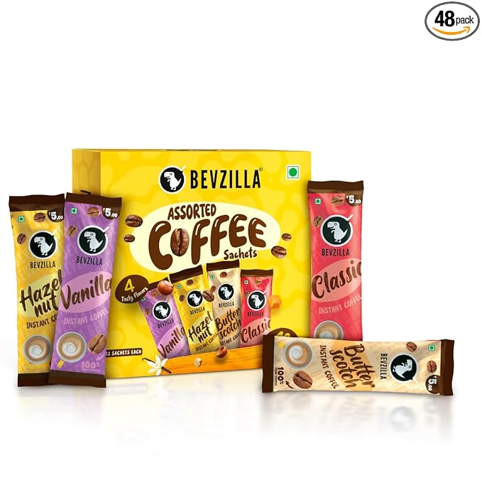 Bevzilla 48 Instant Coffee Powder Sachets (4 Flavours) - 96 Grams | Hazelnut, Classic, Vanilla & Butterscotch | 12 pouches Each Flavour | Arabica Coffee | Perfact for Espresso, Latte,Cappuccino | Hot & Cold Coffee