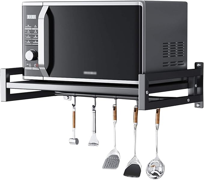 A to Z Hub Laksh CASA-Wall Mount Microwave Oven Rack - Metal Holder Storage Stand - Cooker Utensils Dish Shelf Organizer with Hooks for Home & Kitchen Appliances