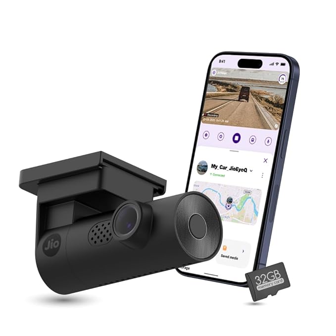 JioEyeQ Dashcam (2026) with GPS |1080p Camera | 140° Ultrawide FOV | AI Pedestrian Detection | 32GB Micro SD Included | Night Vision| Emergency Recording | Collision Detection | Built in Wi-fi & Mic