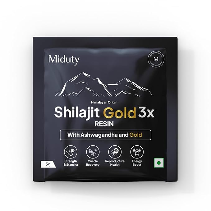 Miduty Shilajit Gold 3X Resin 500–1000mg Serving - Pure Himalayan Shilajit with Gold & Ashwagandha - 100% Ayurvedic - Coffee Free Formula - Lab Tested- 3 grams Sachet