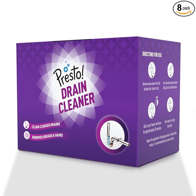 Amazon Brand - Presto! Drain Cleaner Powder | 400 Gram | 50g x 8 Packs | Removes Blockages | Breaks Down Grease and Hair | Fast Acting Formula | Drainpipe Safe | Easy Application
