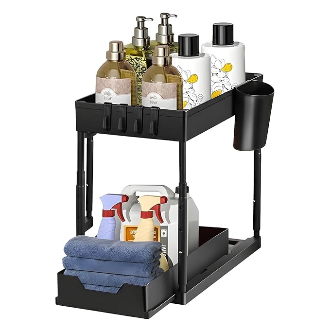 LAXIS® Kitchen Sink Organiser Under Sink Storage Organizer With Removable Hooks & Hanging Cup Kitchen Organizer With Abs Plastic Rack For Kitchen Storage & Bathroom Storage Cabinet Shelf Undersink