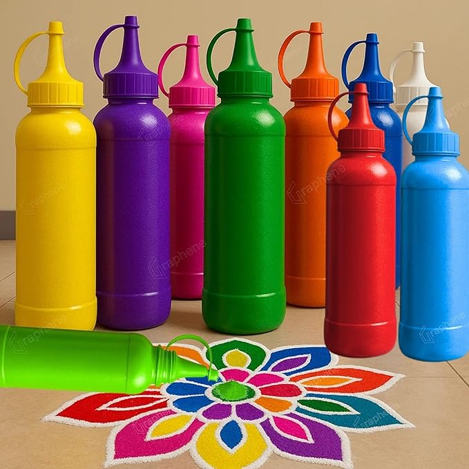 Graphene 10 Rangoli Colour Powder Tube Kit Bottles Easy To Use Rangoli Making Tool Diwali Festive Decor Items for Home Mandir Deepawali Decoration Pooja Floor Art Tool Set (1 Box- 10 Tubes 100gm/Bottle)