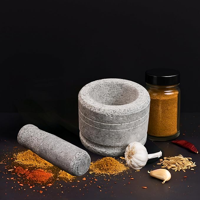 Clazkit Oothukuli Stone Mortar and Pestle Set – 5 Inch Okhli/Khalbatta/Idi Kallu – Traditional Hand Grinder for Chutney, Spices, Herbs & Ginger-Garlic Crushing – Grey