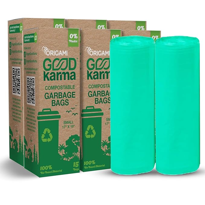 Good Karma Compostable & Eco Friendly Garbage Bags for Dustbin | Small Size Trash Bags 90 Count (15 Bags x 6 Rolls) | 17 x 19 Inches Strong Disposable Waste Bag | Suitable for Wet & Dry Waste - Green