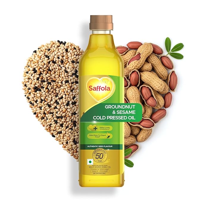 Saffola Cold Pressed Oil, Goodness of 2- Groundnut & Sesame | Helps Lower Cholesterol, Make Easy-To-Digest Food | 1L Pet Bottle