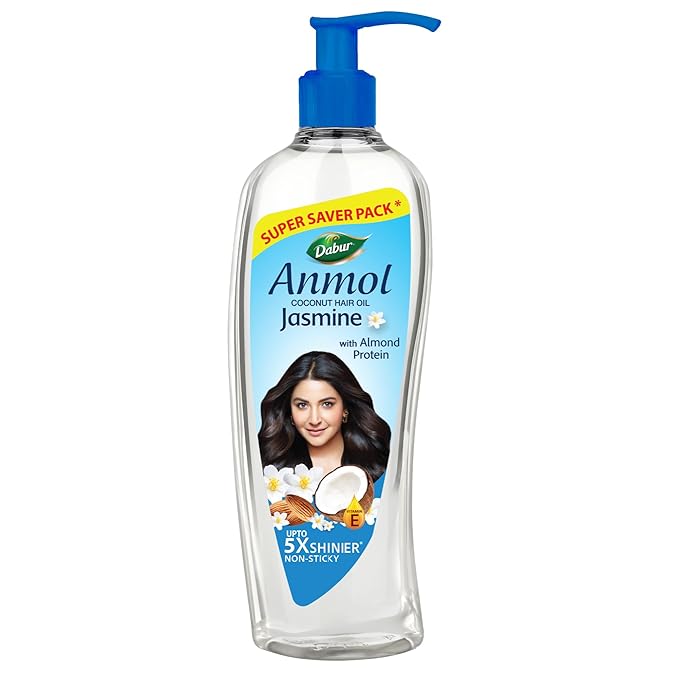 Dabur Anmol Jasmine Coconut Hair Oil, 450ml, for Strong, Soft & Shiny Hair, with Almond Protein & Vitamin E, Nourishes the Scalp & Strengthens Hair, Frizz-Free