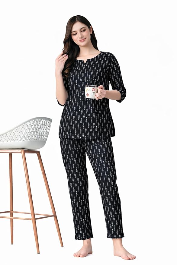 Women's Black Cotton Printed Round-Neck Night Suit Set with Pocket