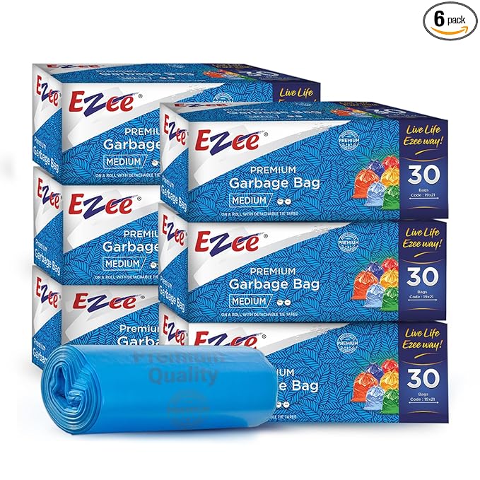 Ezee Blue Garbage Bags Medium 180 Pcs | 30 Pcs x Pack of 6 Rolls | 19 x 21 Inch | Dustbin Bags/Trash Bags/Dustbin Covers for Wet and Dry Waste