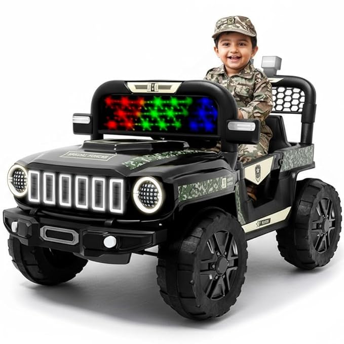Lifelong 12V Electric Ride-On Jeep Car for Kids | Remote Control, Bluetooth Music, LED Lights, Army Green | BIS Certified, 6 Months Battery Warranty, Up to 60 Min Run Time | Ages 2–8 Boys Girls