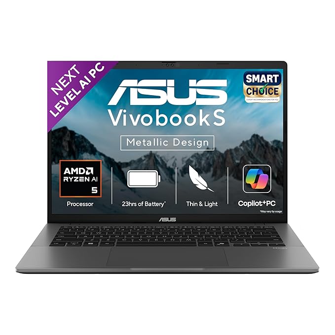 ASUS Vivobook S14,Smartchoice,AMD Ryzen AI 5 330,16GB RAM,512GB SSD,OLED,14",Win11,Office24,M365 Basic (1Yr),Matte Gray,1.4Kg,M3407KA-SF044WS,50 Tops,Metallic Design Laptop,Next-Gen AI Laptop,Copilot+