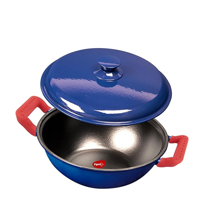 Pigeon By Stovekraft Cast Iron Kadai with Cast Iron Lid | Medium, 20 Cm | Enamel Coated | Luxurious Mirror Finish | Toxin-Free | High Pressure Casting | Cook with Style, Elegance & Comfort, Blue