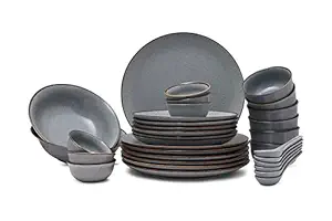Hitkari Dinner Set 33 Pieces for Family of 6 | Porcelain Crockery Set Dinnerware Matt Sky Modern Matte Finish, Elegant Grey Tones |Quarter Full Plates,Bowls,Spoons & Rice Plate |Dinner Set for Gift