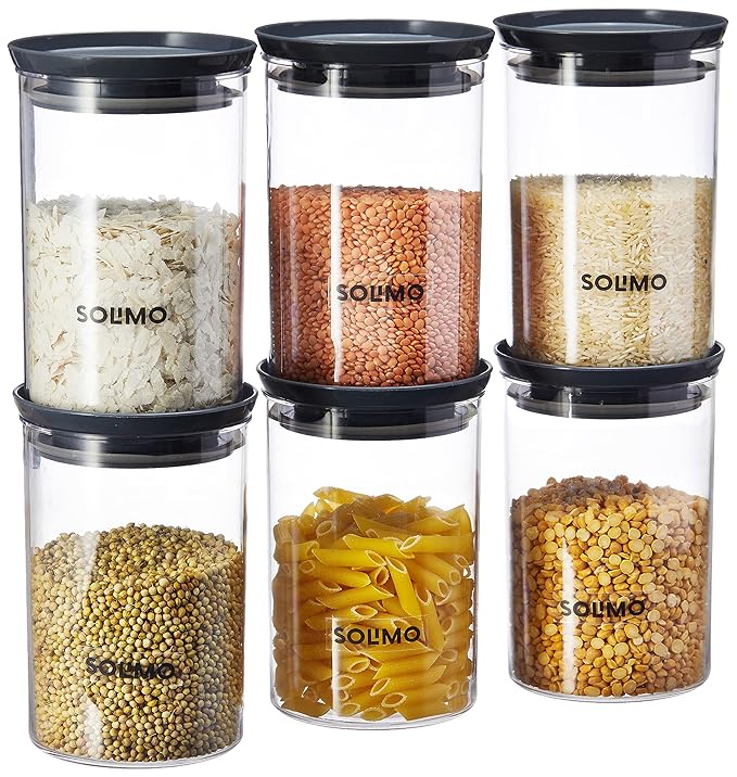 Amazon Brand - Solimo Plastic Storage Jar and Container Set I Air Tight & BPA Free Containers For Kitchen Storage Set I Grocery Kitchen Container Set I Multipurpose Jar, 900 Ml Each, Set 6, Grey