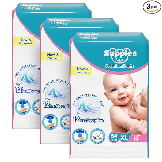 Amazon Brand - Supples Premium Baby Diaper Pants | 162 Baby Diapers | XL | 12-17 Kg | 54 x 3 Packs | 12 Hrs Absorption | Cushiony Cotton Soft Fabric | Phthalates-Free | Triple Leak Guard