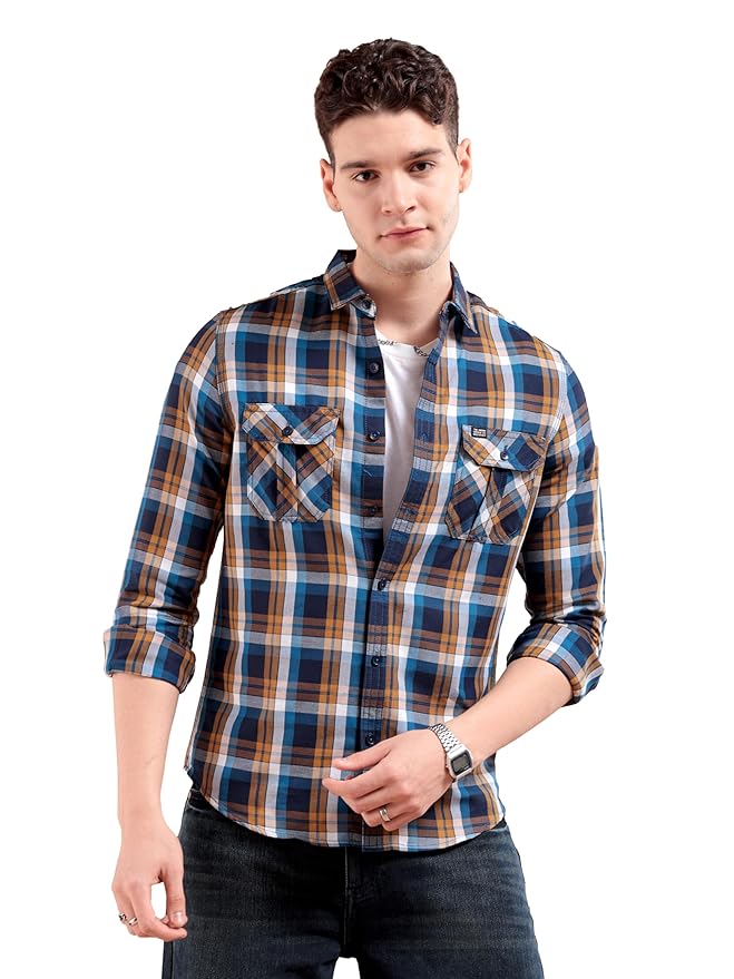 The Indian Garage Co Men Slim Fit Checkered Full Sleeves Cutaway Collar Casual Shirt