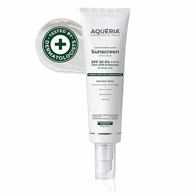 Aqueria Oil Control Brightening Gel Multi-Active French Sunscreen SPF 50 PA++++ | In-Vivo/In-Vitro Tested | 2% Niacinamide, BHA & Hyaluronic Acid | Modern UV Filters | Broad Spectrum UVA/UVB & Blue Light Protection | Lightweight, Non-Greasy, No White Cast | Suitable for Daily Use | For Oily, Acne-Prone & Combination Skin | 100g