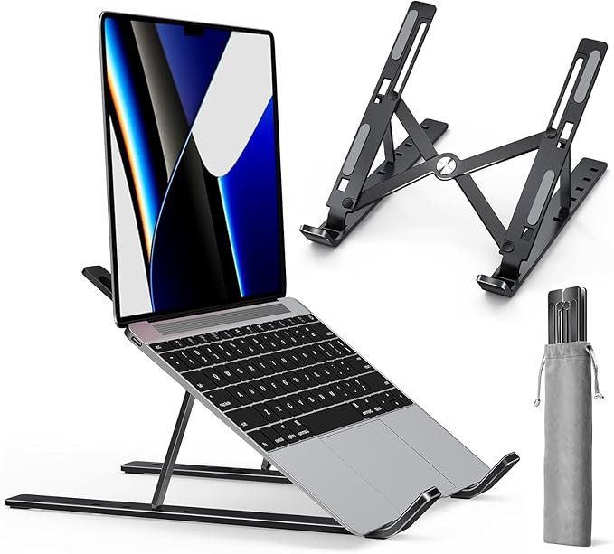 Portable Alloy Metal Laptop/MacBook Stand with Travel Pouch - Height Adjustable & Foldable, Anti-Skid Base with Silicone Grip (Black)
