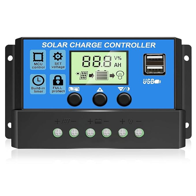 HASTHIP® 20A 12V to 24V Solar Charge & Panel Controller,Intelligent Regulator with Dual USB Port 5V Light Timer Control and LCD Display