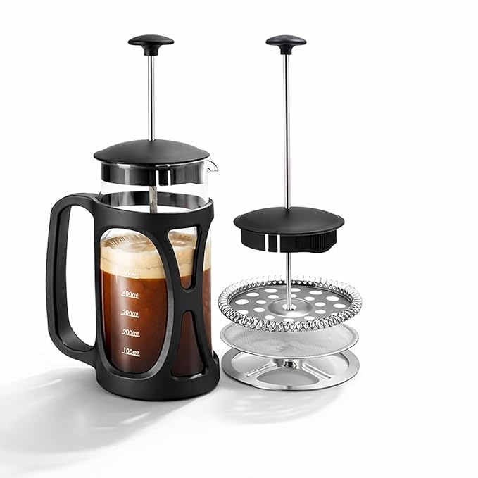 Wonderchef French Press Coffee & Tea Maker 350 ml|Borosilicate Glass Carafe|4 Level Filtration System|Stainless Steel Plunger with Mesh|1-2 Cups of Coffee|Brews in Just 3 Minutes|Black|1 Year Warranty