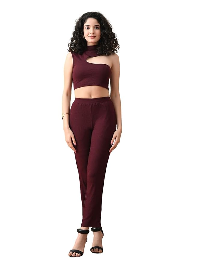 Maroon Asymmetric Ribbed Co-ord Set