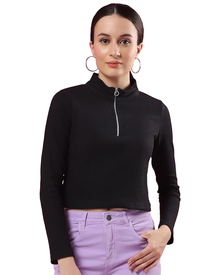 Rigo Waffle Knit Top for Women | High Collar Zipper Top for Women | Long Sleeves, Western Crop Tops for Women | Stylish Top for Women