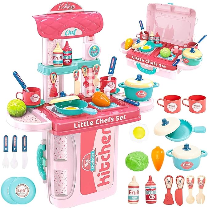 TechHark Kitchen Set For Girls Toy With Cooking Utensils Combo Items, Little Chef Realistic Miniature Chefs Pretend Play/Role Play Home Game, Multi Color. (971 Kitchen)