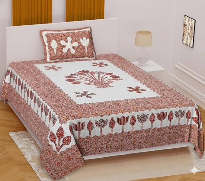 Pure Cotton Single Bedsheet with 1 Pillow Cover, 220 TC Premium Jaipuri Bedsheet for Single Bed | 60x90 Inch - Multicolor Floral Print