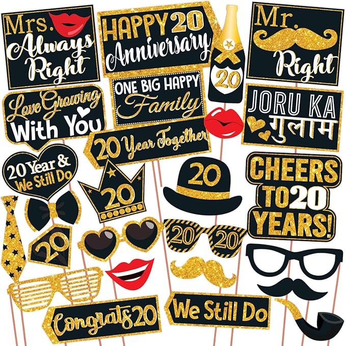 Wobbox 20th Anniversary Photo Booth Party Props DIY Kit, Golden Gliter & Black, Anniversary Party Decoration