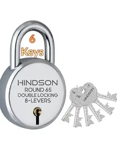 Hindson Round 65mm Padlock | Heavy Duty Metal Body Lock | Double Locking | 8 Steel Levers | 6 Silver Keys with Keychain | Silver Finish | Home Improvement | Made in India