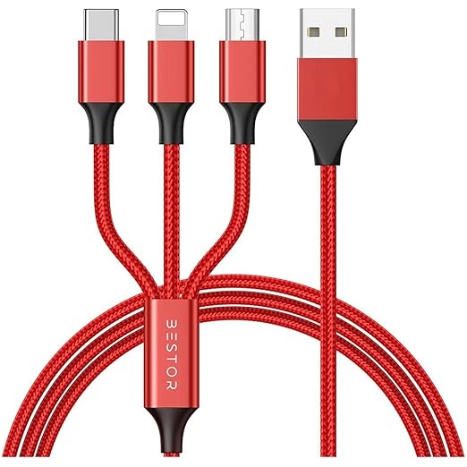 BESTOR® Multi Charging Cable 3 in 1 Nylon Braided Multiple USB Fast Charging Cable for Android, iOS and Type C Devices USB Port Connectors Compatible Smart Phones & Tablets (Red)