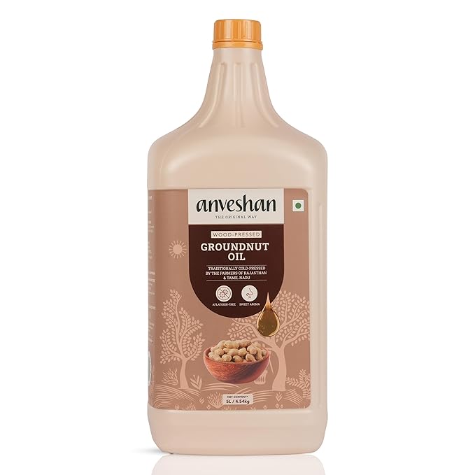 Anveshan Wood Cold Pressed Groundnut (Peanuts) Oil 5 Litre | HDPE Can |Kolhu/Kacchi Ghani/Chekku |Naturally Cholesterol Free|A1 Grade Groundnuts|Rich Aroma & Flavour