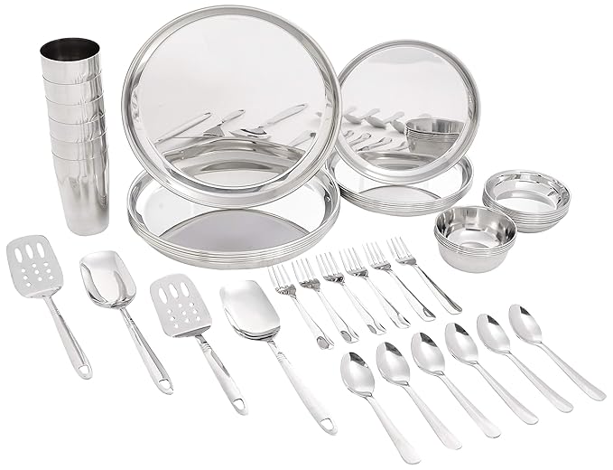 Amazon Brand - Solimo Stainless Steel Dinner Set | Solid | 44 Pieces | Silver