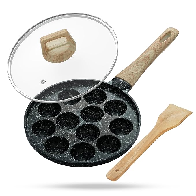 Lifelong Diecast Aluminum Paniyaram Pan | 12 Pits, 1.5kg | 0.54L | 25cm Diameter |Pan with Glass Lid & Wooden-Finish Handle | For Cupcakes, Appe & Paniyaram |Durable for Easy Cooking & Cleaning, Black
