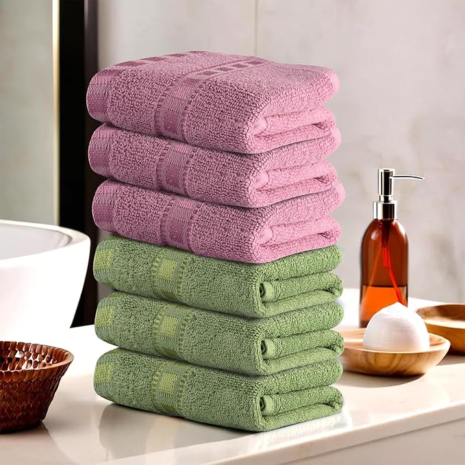 Urbane Home Pack of 6 Cotton Hand/Face Towels for Men & Women | Easily Washable | Workout Gym Napkins for Men | Pocket Towel - Green & Pink