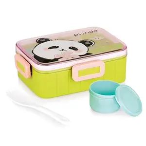 ATTRO Quick 2 Lunch Box Panda Theme with Includes 2 Compartments, 1 Small Container & Baby Spoon, BPA-Free, Food-Grade Perfect for Kids - Parrot Green 600ml, Plastic