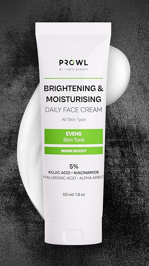 PROWL by Tiger Shroff Face Brightening Moisturizer Cream 5% Kojic Acid, Alpha Arbutin, Niacinamide & Hyaluronic Acid Daily Use Moisturiser For Dry Oily Combination All Skin Type, Warm Woody,50ml